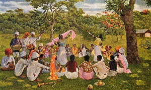 Immigrant workers from India relaxing on a cacao estate in Trinidad