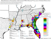 Distribution of laurel wilt disease in the United States as of 2019