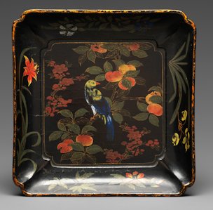 Dish with persimmons, flowers, and birds
