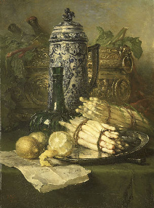 Stilleven met een kan van steengoed en asperges. Still-life with Asparagus, Lemon, Covered Beaker, and Wine Cooler.