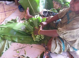 Pele leaves wrapped in Banana leaves for sale at Port Vila Market, Vanuatu